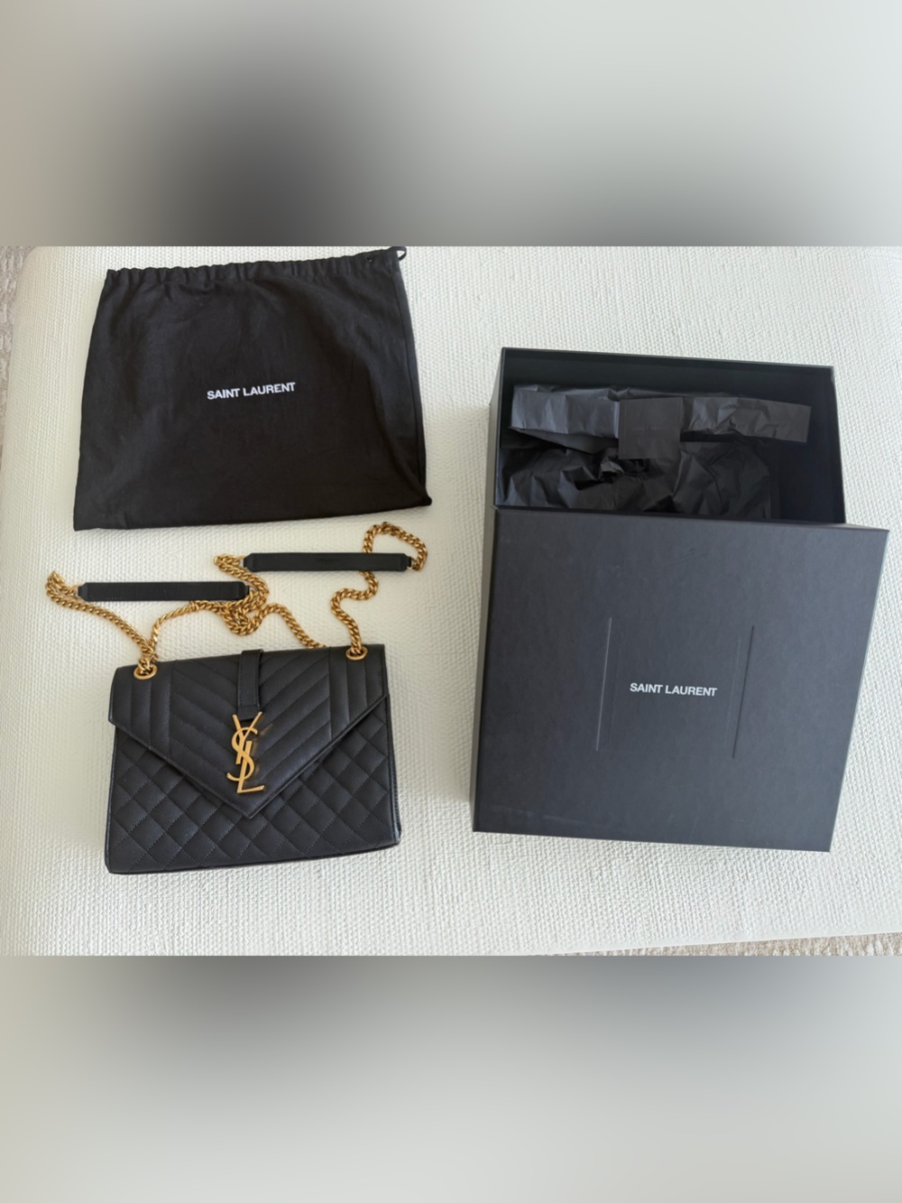 Saint Laurent Envelope Black Quilted Grain de Poudre Leather Medium